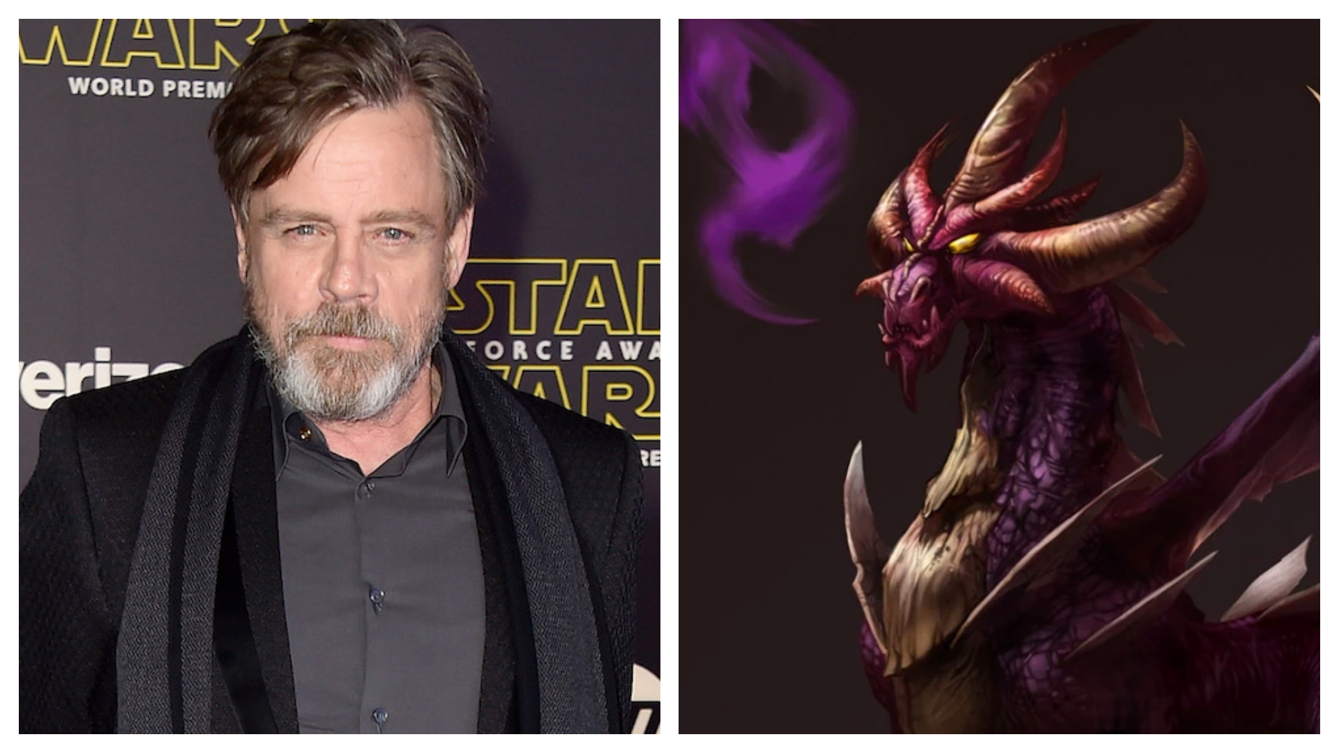 Imagem mostra o ator Mark Hamill ao lado de seu papel como Malefor, o dragão maligno de Spyro, The Dragon