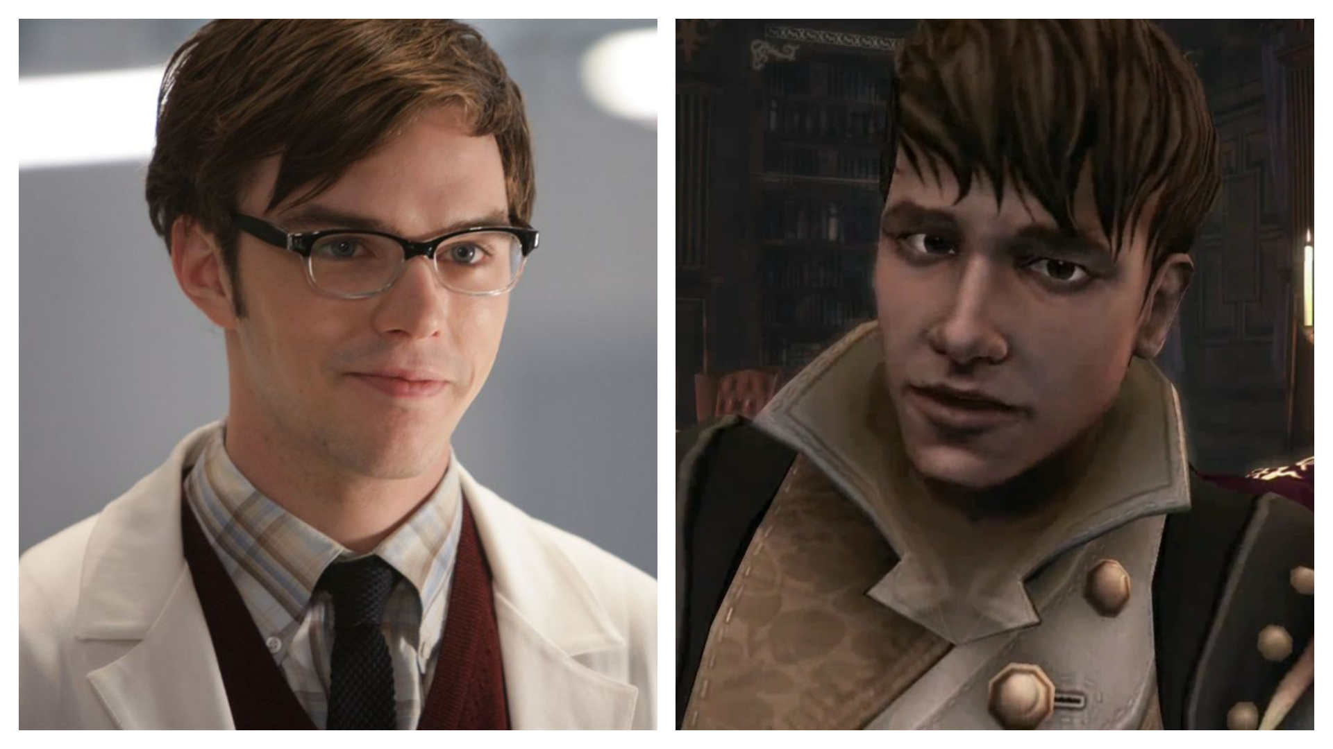 Imagem mostra o ator Nicholas Hoult ao lado de seu papel como Elliot, em "Fable 3"