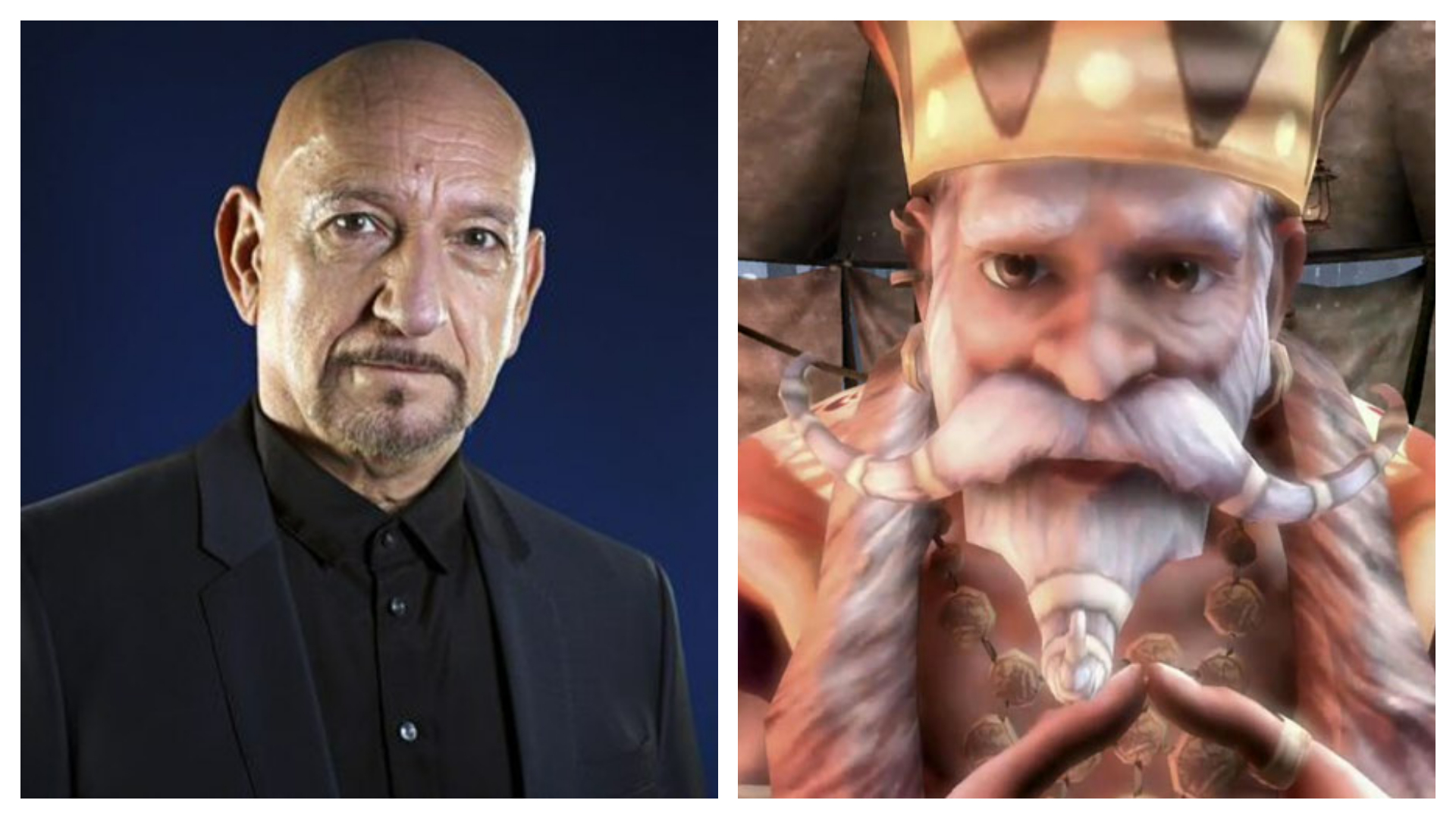 Imagem mostra o ator Sir Ben Kingsley ao lado de seu papel como Sabine, de "Fable 3"