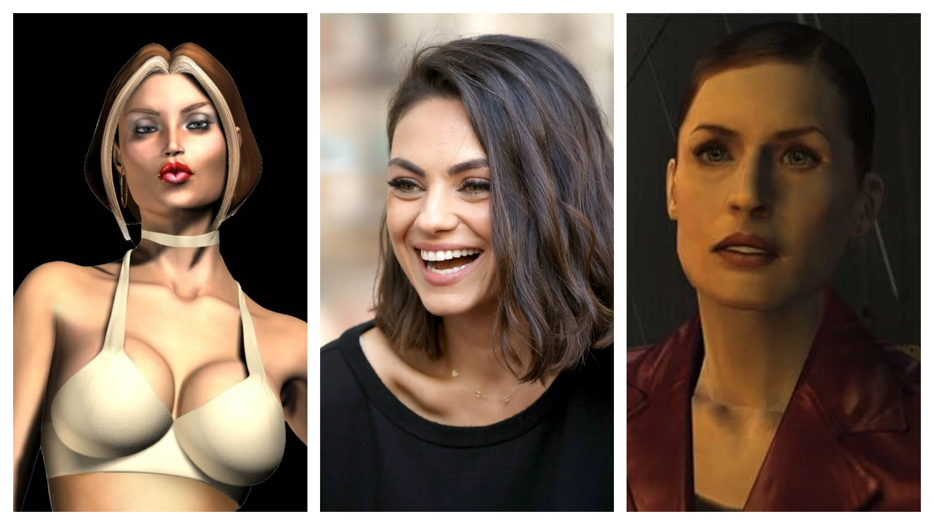 Colagem mostra a atriz Mila Kunis em meio a dois de seus papéis nos games: Tanya Winters e Mona Sax