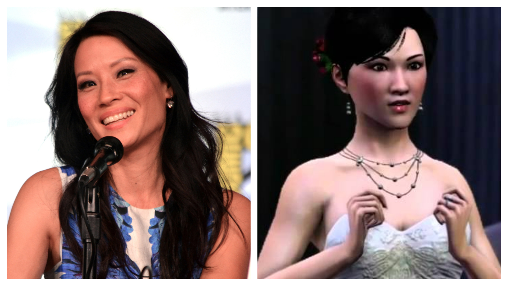 Imagem mostra a atriz Lucy Liu ao lado de seu papel como Vivienne Lu, no jogo "Sleeping Dogs"