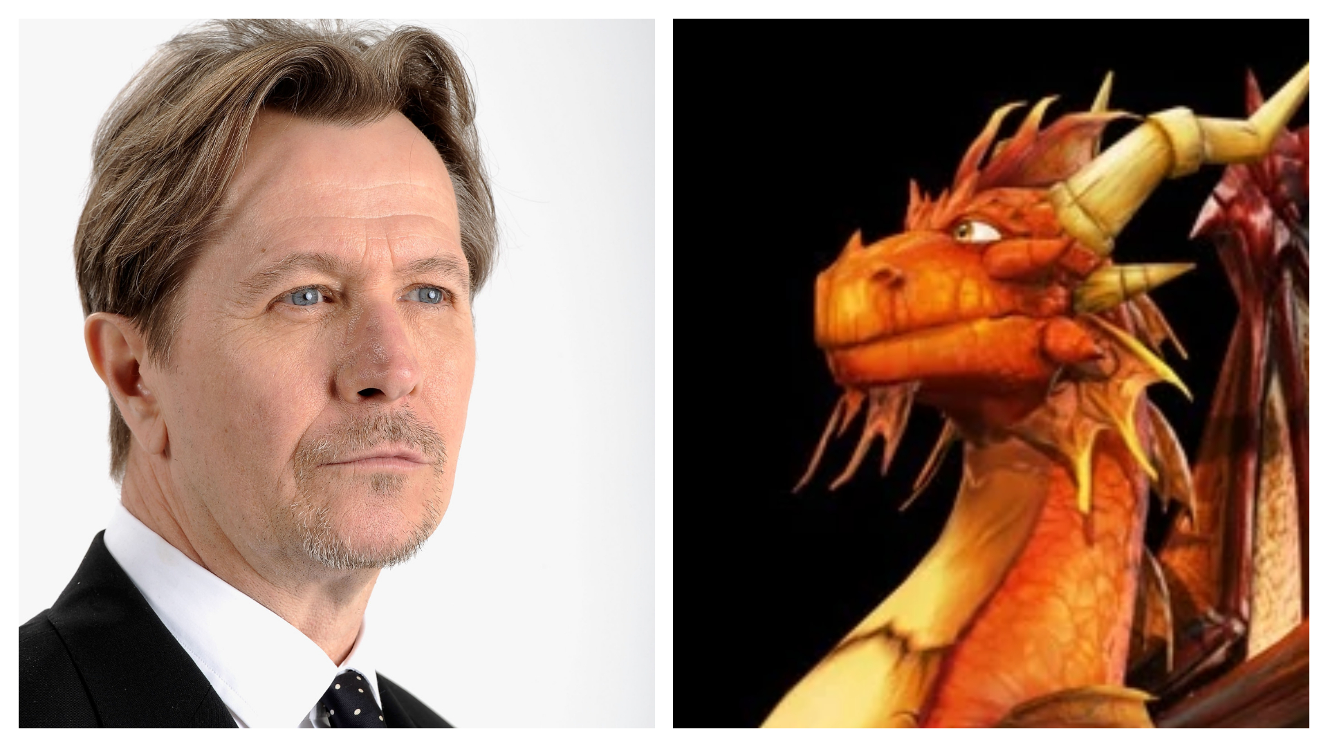 Imagem mostra o ator Gary Oldman ao lado de seu papel como Ignitus, do jogo "Spyro, The Dragon"