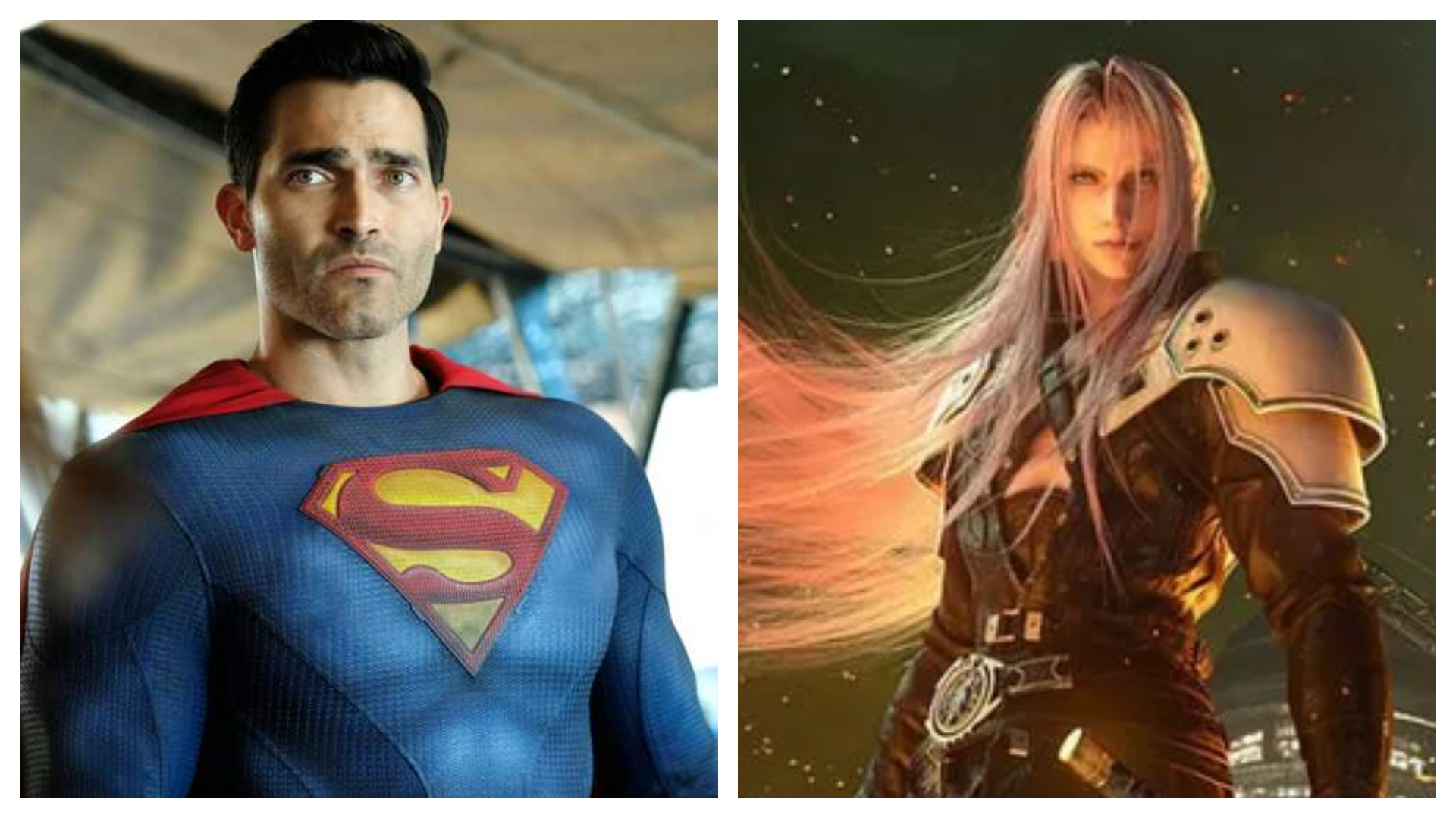 Imagem mostra o ator Tyler Hoechlin trajado como Superman, ao lado de seu papel como Sephiroth, de "Final Fantasy VII Remake"