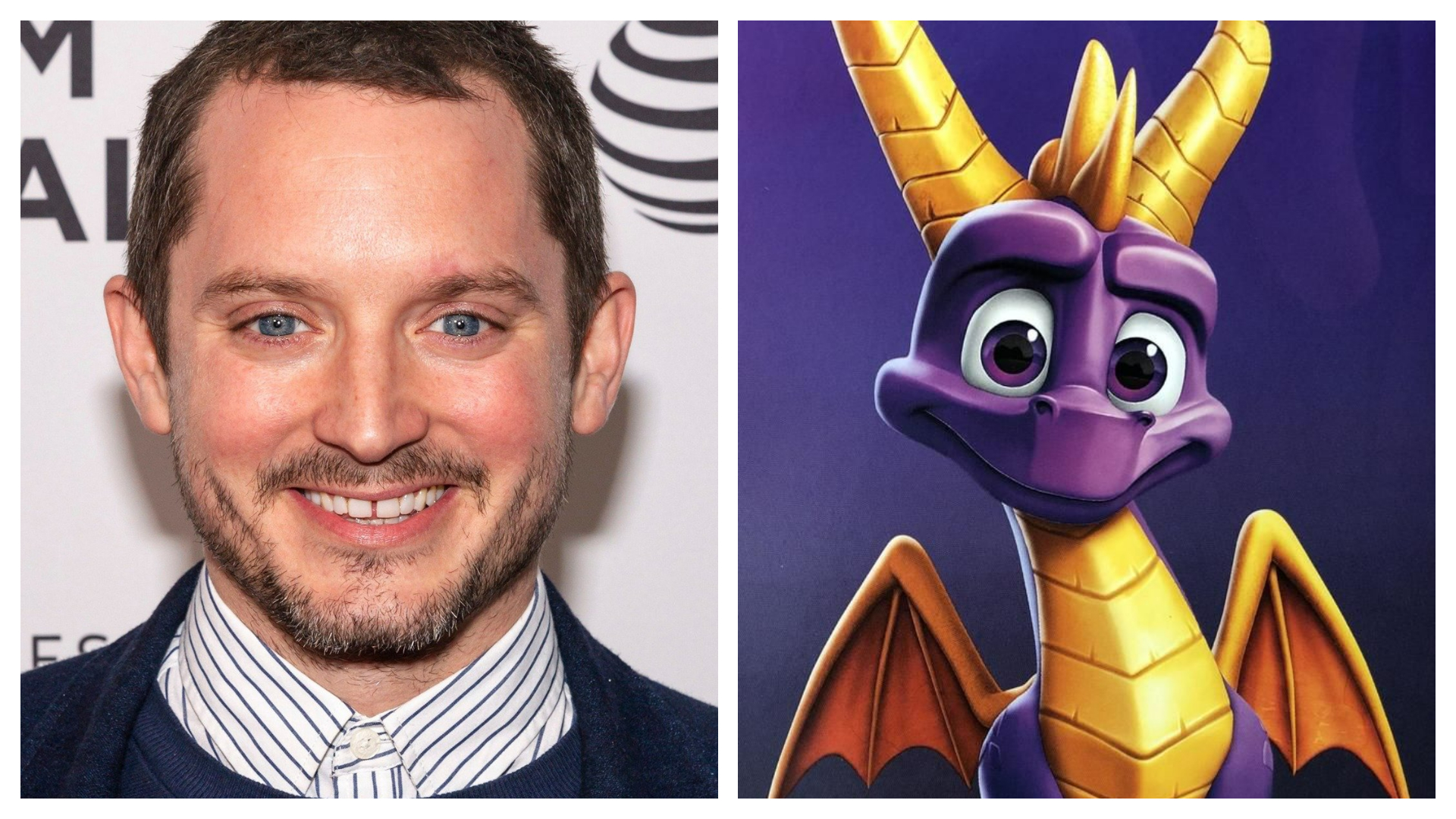 Imagem mostra o ator Elijah Wood ao lado de seu papel como Spyro, do jogo "Spyro The Dragon"