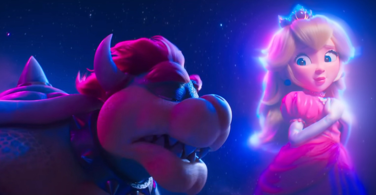 Imagem mostra cena do filme do Super Mario, com o vilão Bowser cantando a música "Peaches"