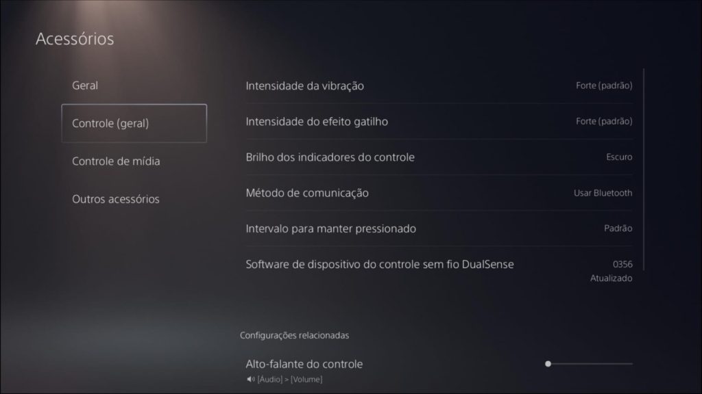 Configurações do controle PlayStation 5