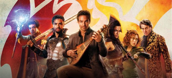 Pôster do filme Dungeon & Dragons: Honra entre Rebeldes, com os atores principais. Da esquerda para à direita: Justice Smith, Regé-Jean Page, Chris Pine, Michelle Rodriguez, Sophia Lillis e Hugh Grant