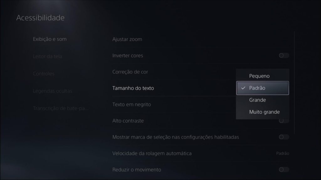 Tamanho do texto PlayStation 5