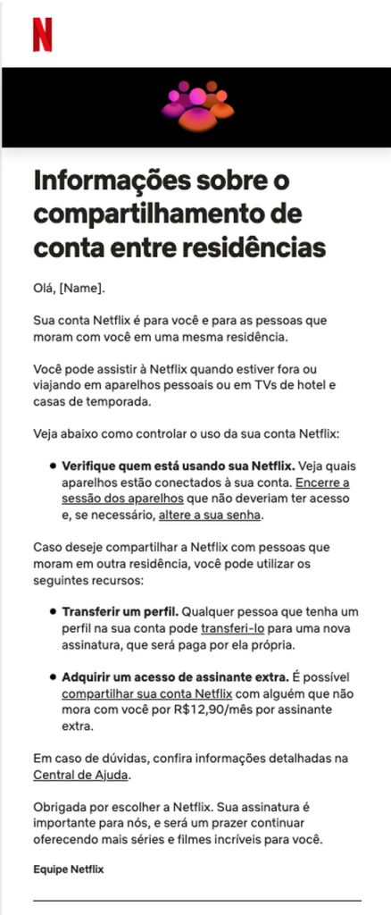 E-mail de notificação da Netflix