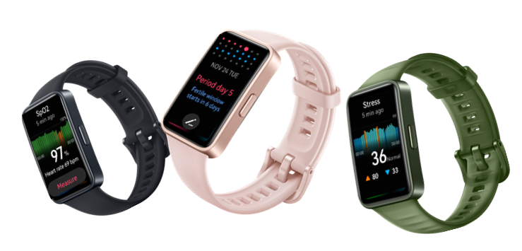 Imagem de divulgação da nova pulseira inteligente Huawei Band 8; na foto, os três modelos disponíveis no Brasil, da esquerda para a direita: preto, rosa e verde