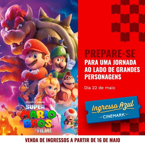 Pôster de Super Mario Bros. O Filme, animação exibida pelo Cinemark dentro da programação Ingresso Azul de sessão adaptada para pessoas autistas