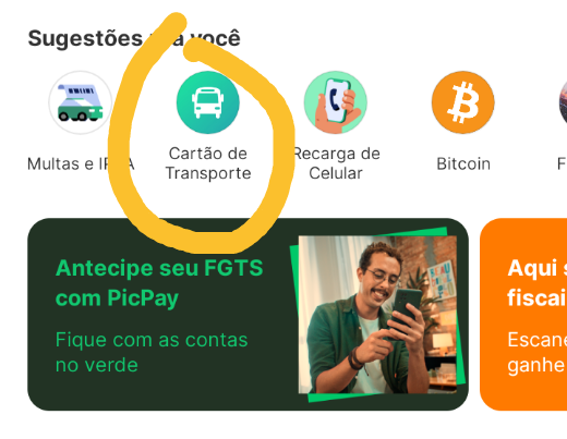 Imagem mostra destaque para a opção de recarga do Bilhete Único no PicPay