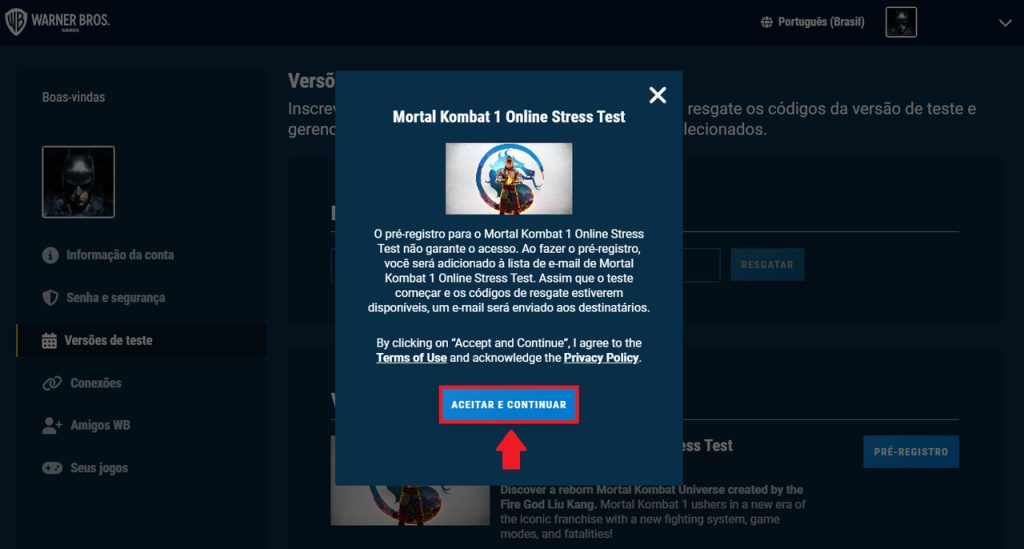 Tutorial - Inscrição para o teste de estresse de Mortal Kombat 1 