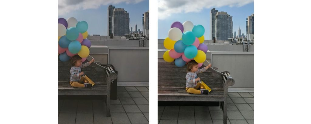 Imagem apresenta novos recursos do Fotos, serviço do Google; imagem à esquerda mostra uma criança caucasiana sentada em um banco de madeira, vestida com calça amarela, camisa xafrez e tênis, segurando uma porção de balões coloridos; à direita a mesma imagem, porém editada pela IA do Google, onde a foto fica com cores mais vivas e uma parte da imagem (do banco e dos balões) é reconstruída pela inteligência artificial - recurso apresentado durante o Google I/O 2023