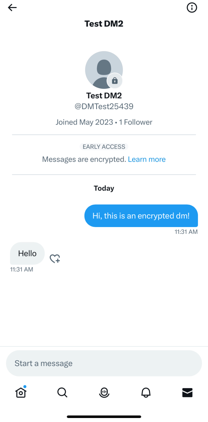 Imagem mostra exemplo de conversa privada no Twitter por meio de criptografia