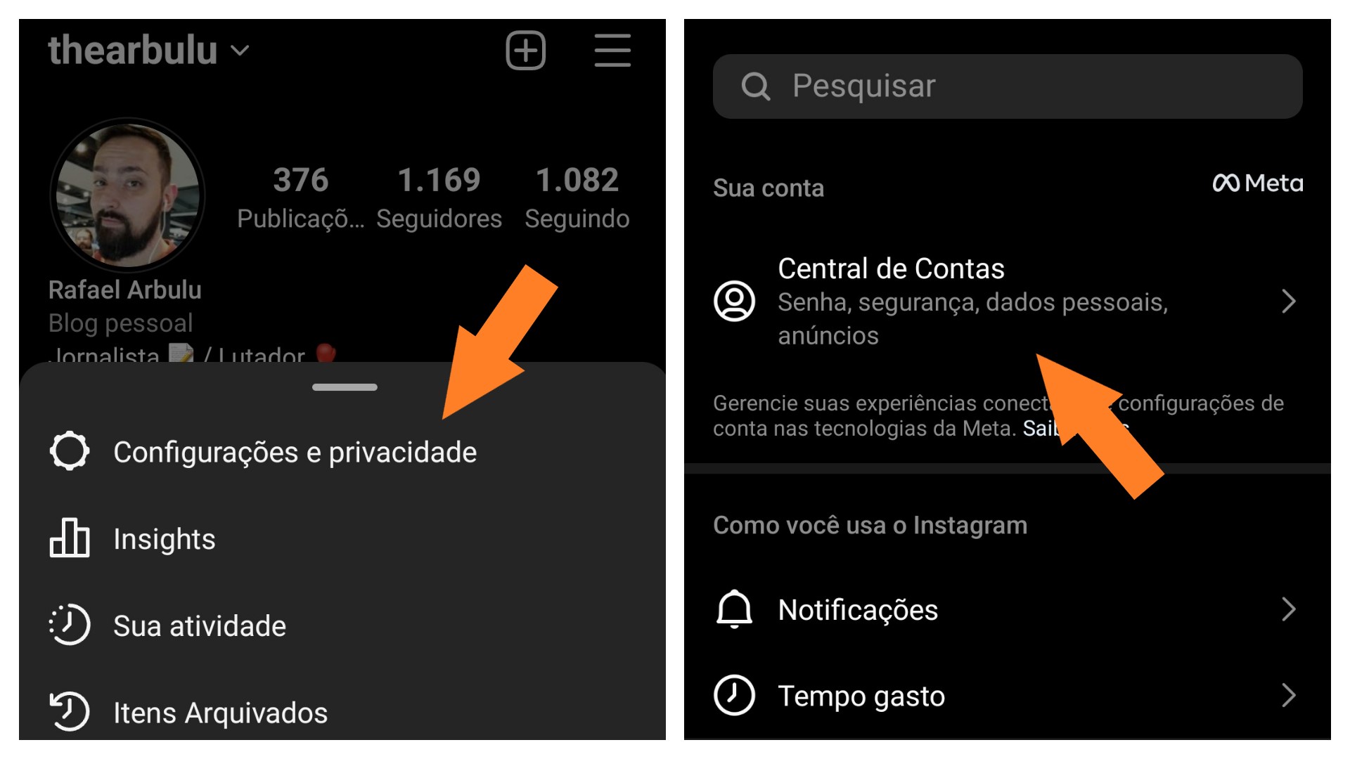 Montagem mostra como acessar a Central de Contas da Meta pelo Instagram