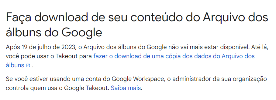 Imagem mostra anúncio do Google sobre o fim do Arquivo de Fotos