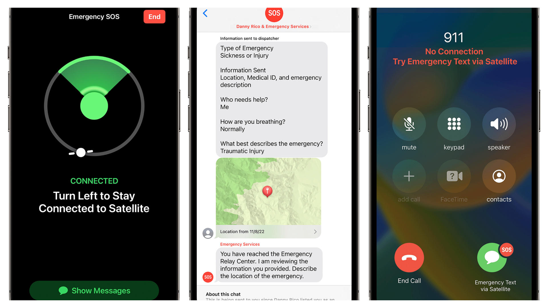 Colagem mostra três telas do serviço de atendimento a emergências via satélite do iPhone 14