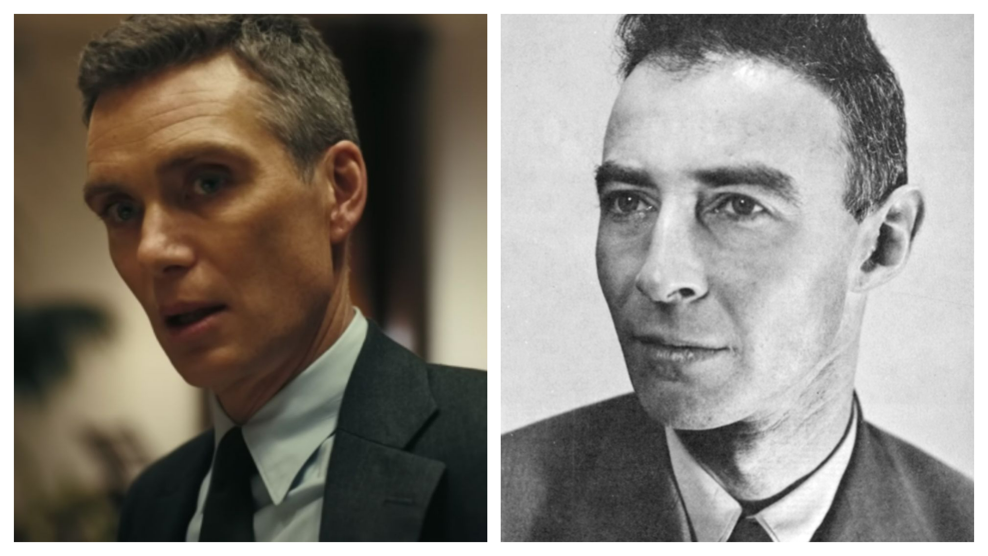 Colagem mostra Cillian Murphy interpretando o inventor da bomba Atômica, J. Robert Oppenheimer, junto da imagem do cientista de fato