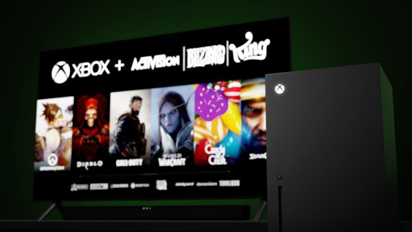 Imagem mostra o Xbox Series X da Microsoft à frente de uma televisão que exibe as principais franquias da Activision