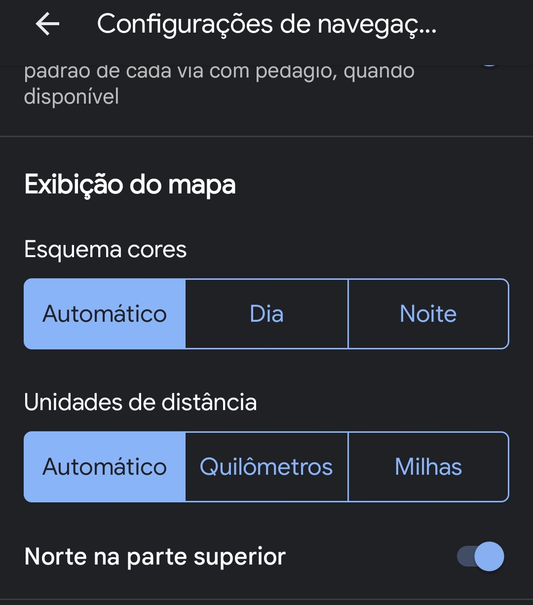 Imagem mostra tela de opções de configuração do Google Maps