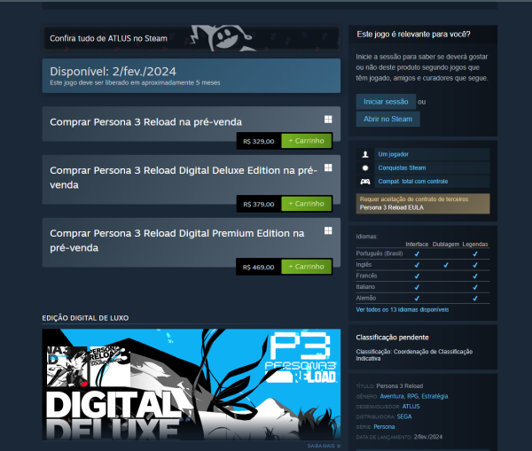 Página de P3R na Steam