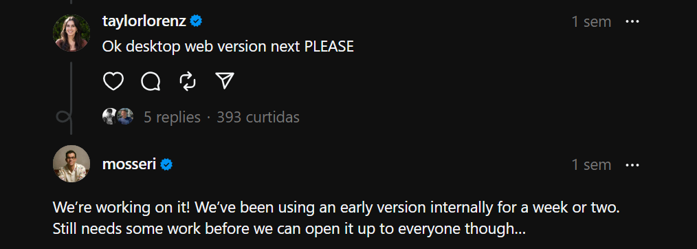 Adam Mosseri, chefe do Instagram, afirma que uma versão web do Threads está em andamento