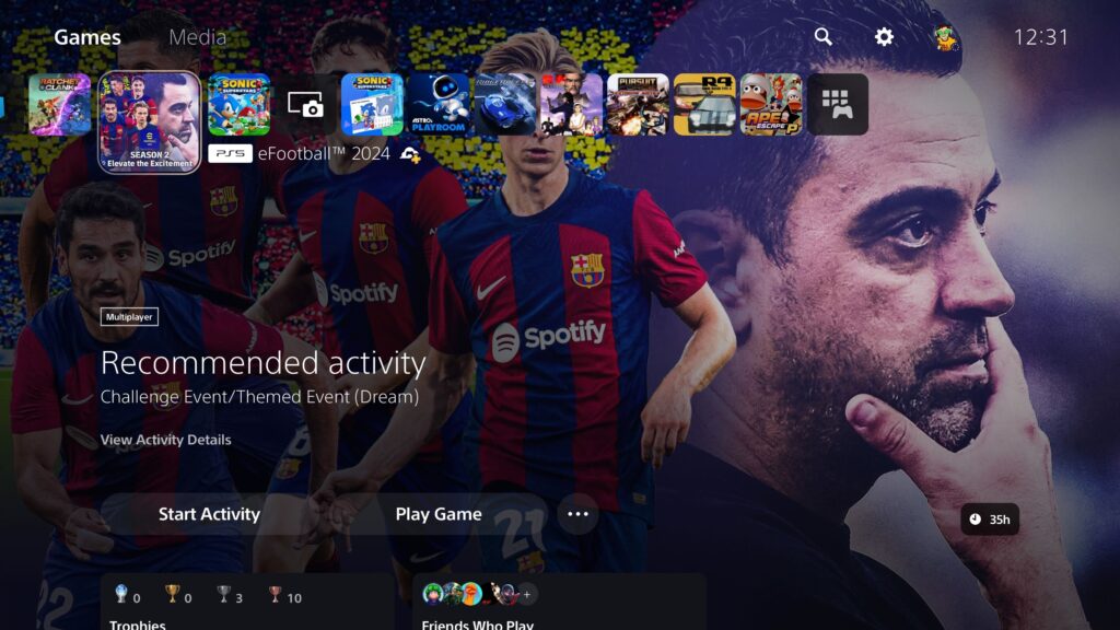 Interface do PlayStation 5 com jogos em nuvem