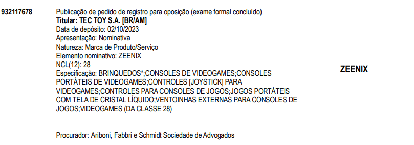 Captura de imagem mostra detalhes do pedido de registro do Zeenix, possível novo console da TecToy