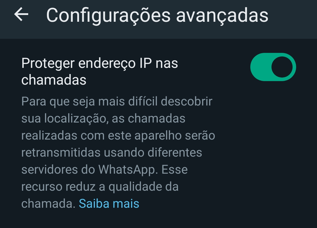 Imagem mostra opção de proteção de IP no WhatsApp