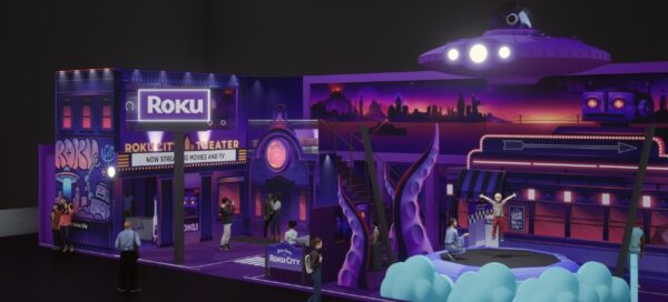 Descanso de tela da Roku, empresa de streaming de TV, que mostra a Roku City; marca se baseou ma ilustração para montagem do estande da CCXP23