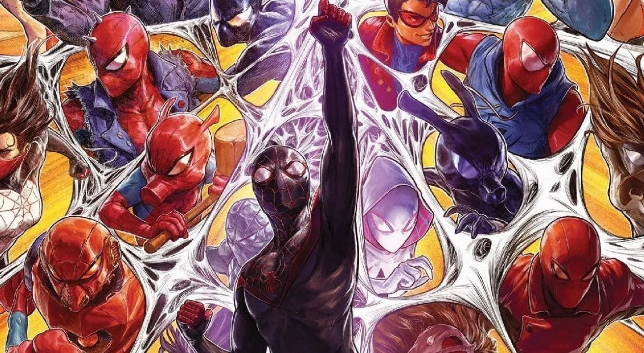 Imagem mostra pôster da Marvel sobre a saga "Aranhaverso" dos quadrinhos