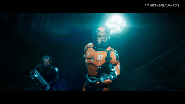 Cena do jogo Exodus, que mostra uma das personagens vestida com roupa espacial; o RPG foi apresentado pela primeira vez durante o The Game Awards 2023