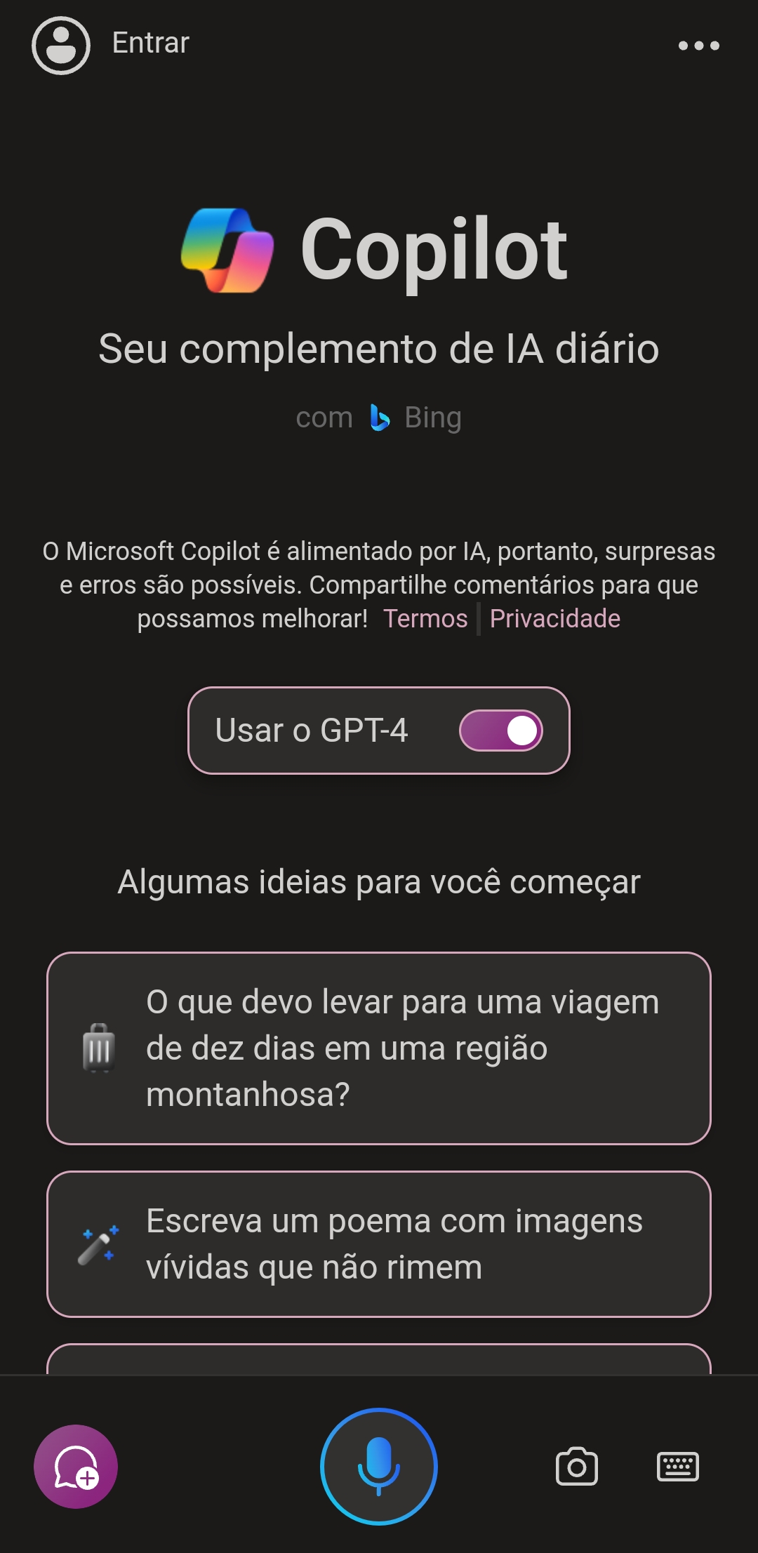 Imagem mostra tela inicial do Copilot, da Microsoft, no Android