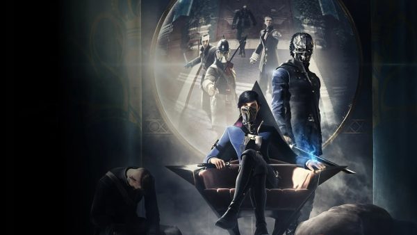 Imagem conceitual mostra Emily Kaldwell, protagonista de Dishonored 2, sentada em um trono ao lado de seu pai, o assassino Corvo Attano