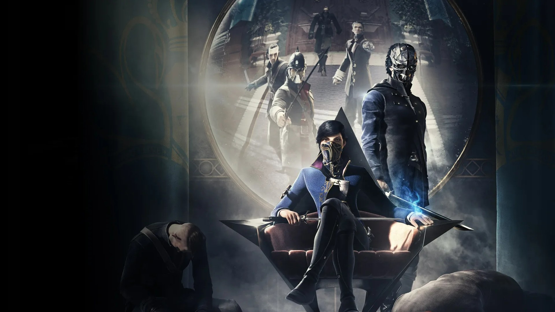 Imagem conceitual mostra Emily Kaldwell, protagonista de Dishonored 2, sentada em um trono ao lado de seu pai, o assassino Corvo Attano