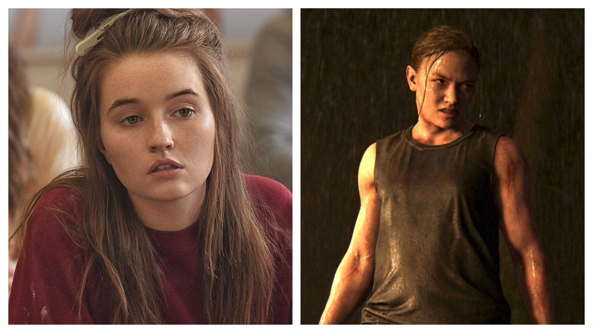 Colagem posiciona Kaitlyn Dever junto à personagem Abby Anderson, de The Last of Us