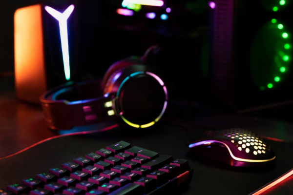 Imagem de um setup gamer. Na foto podemos ver um headphone, um mouse e um teclado. legenda: As promoções KaBuM! são a oportunidade perfeita para você renovar seu setup! 